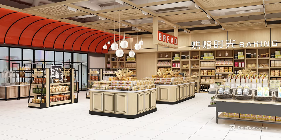 Supermarket Bread Section Interior With Display Counters Shelves Hanging Lights And Products 3d model 