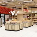 Supermarket Bread Section Interior With Display Counters Shelves Hanging Lights And Products