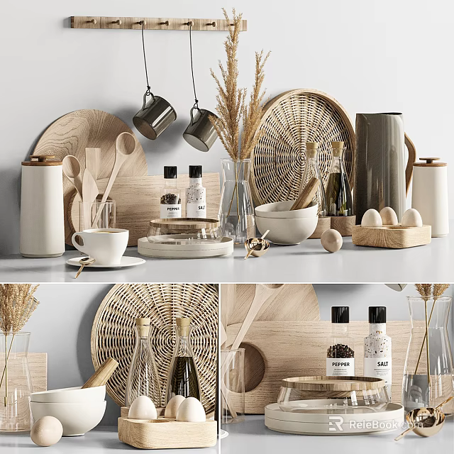 Elegant Modern Tea Set Display With Ceramic Cups Wooden Accessories And Glass Teapot 3d model 