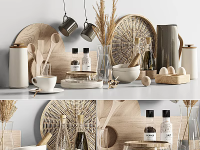 Elegant Modern Tea Set Display With Ceramic Cups Wooden Accessories And Glass Teapot 3d model