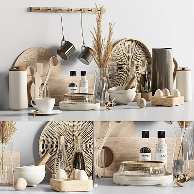 Elegant Modern Tea Set Display With Ceramic Cups Wooden Accessories And Glass Teapot 3d model