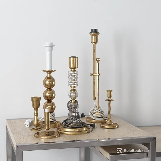Vintage Decorative Candle Lamps With Golden Metal Frames And Various Shapes On Tabletop 3d model 