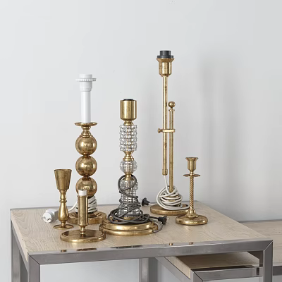 Vintage Decorative Candle Lamps With Golden Metal Frames And Various Shapes On Tabletop 3d model