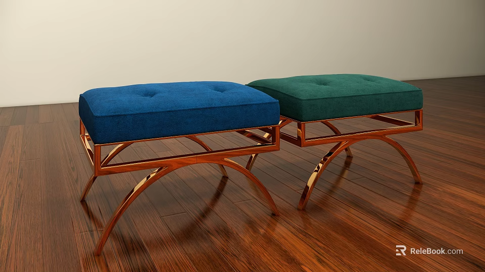 Two Blue and Green Upholstered Ottomans with Tufted Seats and Metal Legs on Wooden Floor 3d model 