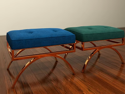 Two Blue and Green Upholstered Ottomans with Tufted Seats and Metal Legs on Wooden Floor 3d model