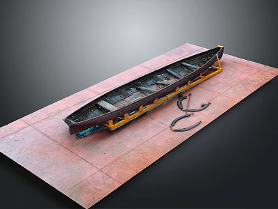 Detailed Wooden Boat Model Displayed on Red Platform with Yellow Support Frames 3d model