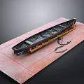 Detailed Wooden Boat Model Displayed on Red Platform with Yellow Support Frames