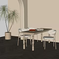 Minimalist Dining Table Set With Four Chairs Fresh Fruit And Potted Plant On Herringbone Floor