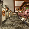 Traditional SPA Sauna Interior With Wooden Structure Cherry Blossom Decor And Ambient Lighting
