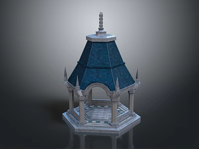 Classic Octagonal Stone Pavilion With Blue Roof Decorative Spire And Ornate Columns 3d model