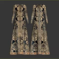 Elegant Long Sleeve Long Dresses With Intricate Blue Gold Patterns And Lace Design