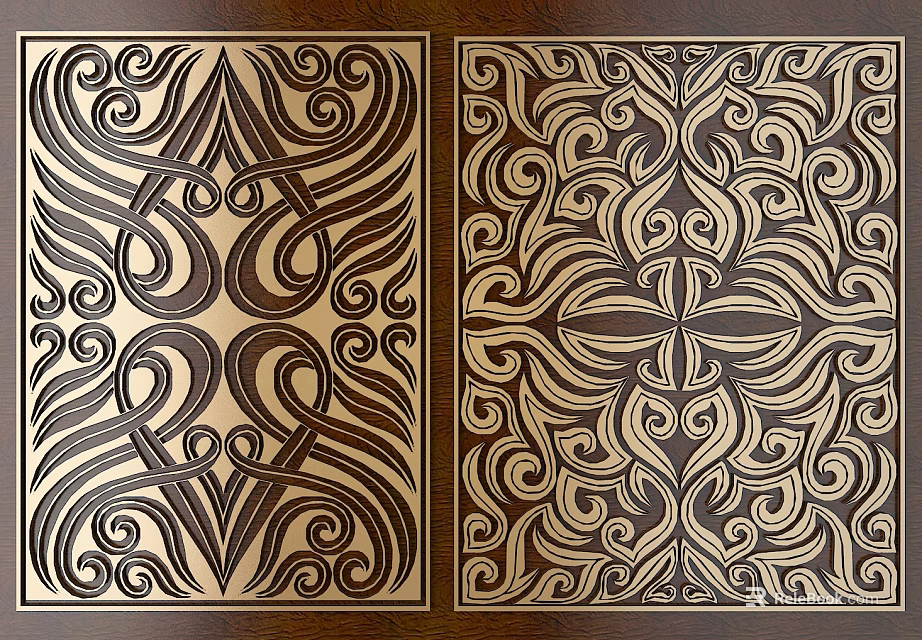 Intricate Carved Patterns On Decorative Wooden Panels With Symmetrical Designs And Dark Light Brown Tones 3d model 