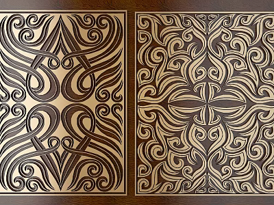 Intricate Carved Patterns On Decorative Wooden Panels With Symmetrical Designs And Dark Light Brown Tones 3d model