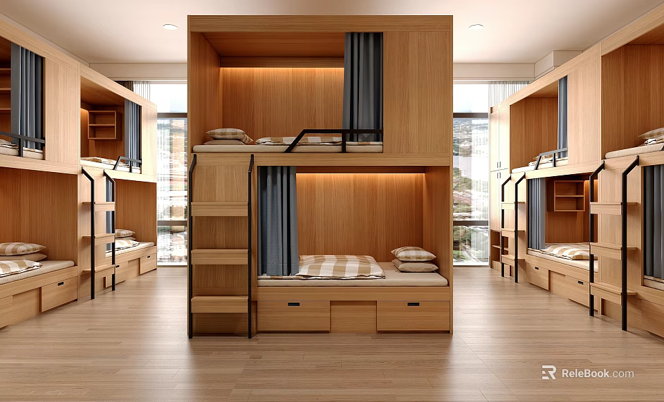 Modern Dormitory Room Interior With Wooden Bunk Beds Curtains And Storage Cabinets 3d model 