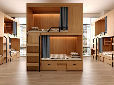 Modern Dormitory Room Interior With Wooden Bunk Beds Curtains And Storage Cabinets 3d model