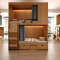 Modern Dormitory Room Interior With Wooden Bunk Beds Curtains And Storage Cabinets