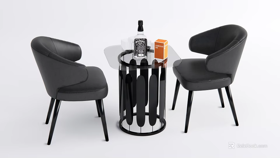 Modern Black Leather Chair and Round Table Set with Geometric Base Wine Bottle and Glasses 3d model 