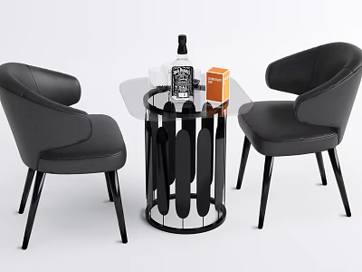 Modern Black Leather Chair and Round Table Set with Geometric Base Wine Bottle and Glasses 3d model