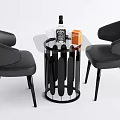 Modern Black Leather Chair and Round Table Set with Geometric Base Wine Bottle and Glasses