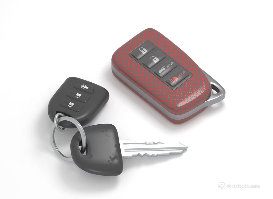 Car Key Set With Red Remote Control And Black Traditional Key Fob Design 3d model 