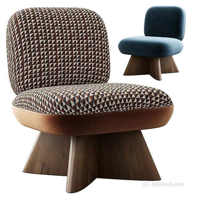 Modern Accent Chair With Geometric Pattern Brown Blue Fabric And Wooden Base 3d model 
