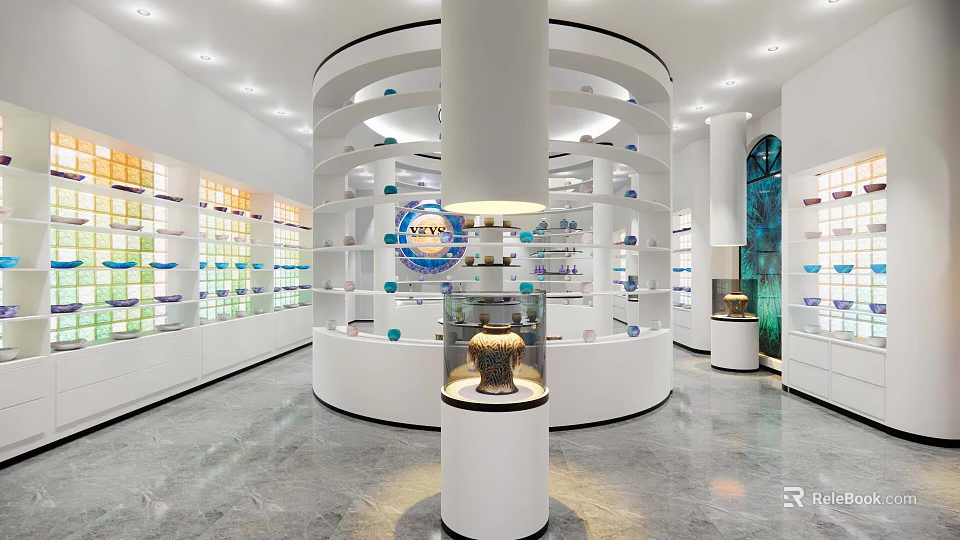 Modern Exhibition Hall With Circular Display Stand And Multi Tiered Glass Shelves 3d model 