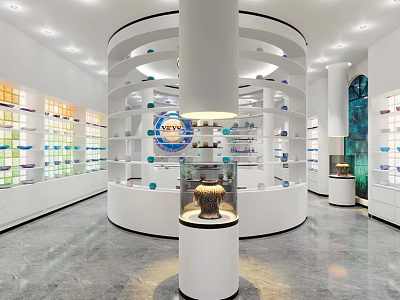 Modern Exhibition Hall With Circular Display Stand And Multi Tiered Glass Shelves 3d model