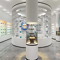 Modern Exhibition Hall With Circular Display Stand And Multi Tiered Glass Shelves