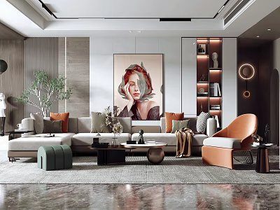 Modern Living Room Interior Design With Large Artwork Sofa Area Rug And Decorative Bookshelf 3d model