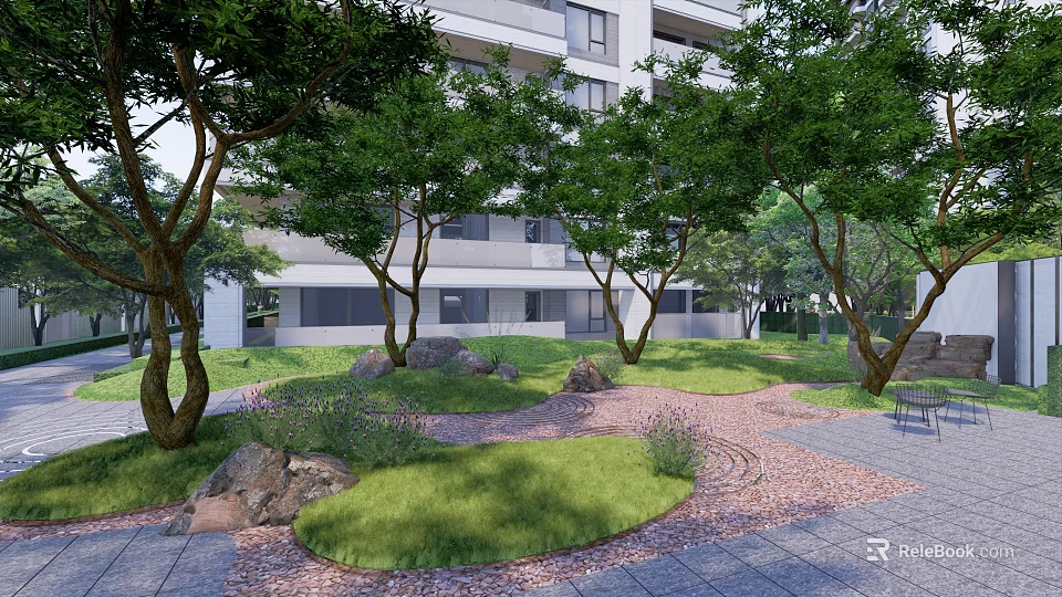 Residential Landscape Design With Green Lawn Trees Rocks And Stone Path 3d model 