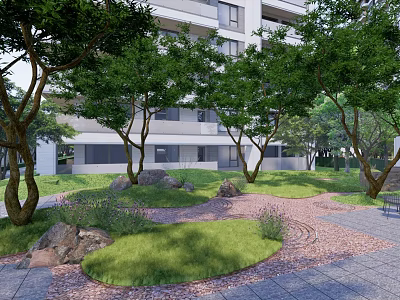 Residential Landscape Design With Green Lawn Trees Rocks And Stone Path 3d model