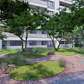 Residential Landscape Design With Green Lawn Trees Rocks And Stone Path