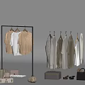 Modern Clothing Display With Hanging Shirts Cardigans And Accessories Including Handbag Shoes