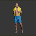 Elderly Man With Bald Head Wearing Yellow Towel Blue Shorts And Flip-Flops In Gray Background