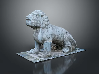 Ancient Style Stone Lion Statue With Seated Posture And Stone Base 3d model