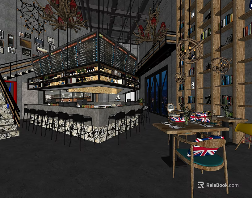 Industrial Style Restaurant Interior With Open Bar Counter Wooden Bookshelves And Chandeliers 3d model 
