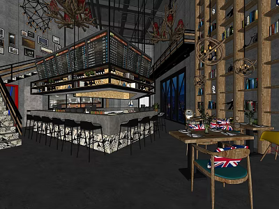 Industrial Style Restaurant Interior With Open Bar Counter Wooden Bookshelves And Chandeliers 3d model