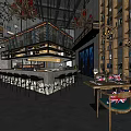 Industrial Style Restaurant Interior With Open Bar Counter Wooden Bookshelves And Chandeliers