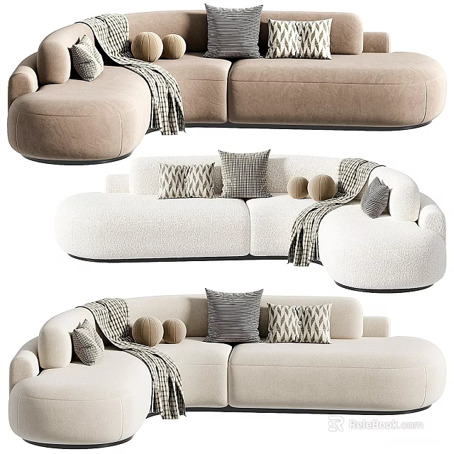Beige And White Sectional Sofa With Plush Fabric Decorative Pillows And Throw Blanket 3d model 