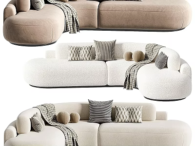 Beige And White Sectional Sofa With Plush Fabric Decorative Pillows And Throw Blanket 3d model