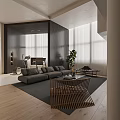 Modern Duplex Living Room Interior With High Ceiling Staircase Gray Sofa And Wooden Floor