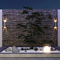 Modern Garden Ornament With Stone Wall Side Lamps Small Tree Pebbles And Glowing Sphere