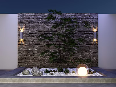 Modern Garden Ornament With Stone Wall Side Lamps Small Tree Pebbles And Glowing Sphere 3d model