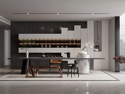 Elegant Modern Tea Room Interior With Wooden Tables And Decorative Items 3d model