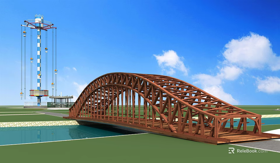 Wooden Arch Bridge Design with Blue Sky White Clouds Green Grass and Water Pool 3d model 