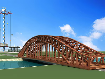 Wooden Arch Bridge Design with Blue Sky White Clouds Green Grass and Water Pool 3d model