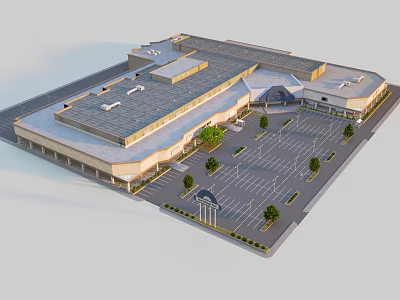 Commercial Building Exterior Design With Spacious Parking Lot Entrance And Surrounding Trees 3d model