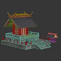 Traditional Architectural Structure With Sloped Roof Decorative Eaves Stone Base Main Building And Smaller Annex
