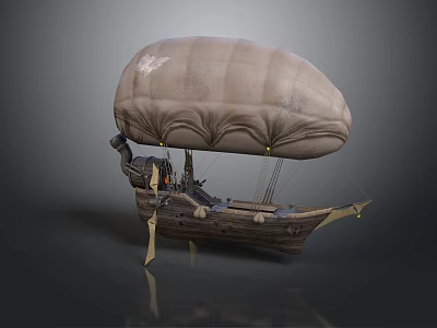 Vintage Wooden Airship Boat With Large Beige Balloon Mast And Ropes Design 3d model