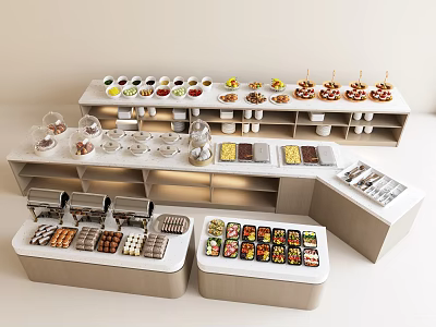 Elegant Tableware Set Display With Dessert Plates Cups And Tiered Lighting Shelves 3d model